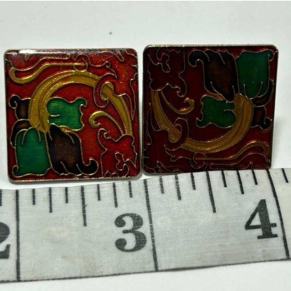 Vintage Cloisene Enamel Art Nouveau Floral Square Stud Earrings Gold Tone Red